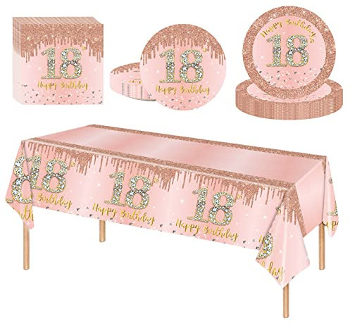 53Pcs Rose Gold Happy 18th Birthday Party Tableware Plastic Table Cloth,7,9inch Paper Plates,Napkins for Her Birthday Table Decorations Disposable Party Tableware Set for Girls Women Birthday Party