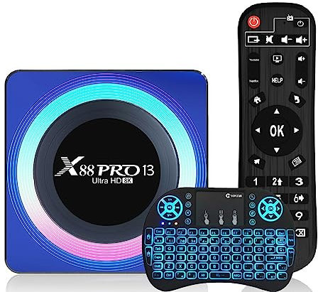 CHROX Android TV Box 13.0, X88 Pro 13 Smart TV Box RK3528 4GB 64GB Compatible con 2.4G/5.8G Wifi6 BT5.0 con Mini Teclado Retroiluminado Ethernet LAN 3D/4K Video Set Top TV Box,4gb+64gb