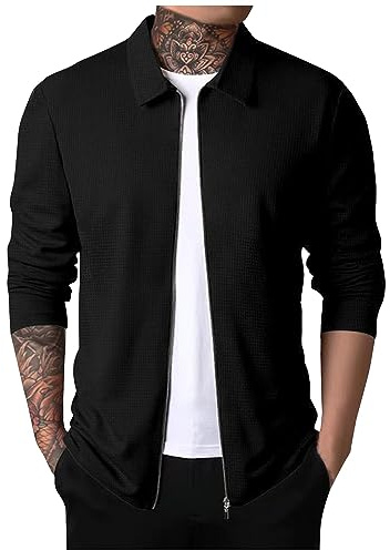 LUNULE Winter Jacke Herren Regenjacken & -Mäntel Für Herren Fleece Herren Leichte Dünne Waffel Einfarbig Revers Sweatjacke Mit Reißverschluss Casual Slim Fit Teddy Mantel (Schwarz, M)