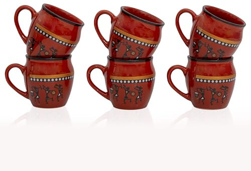 Handmade Traditional Kulhar Kulhad Chai Tea Coffee Mug Cup Cantaritos Set of 6 Glazed Earthenware Glossy Finish Clay Terracotta Artisanal Studio Pottery Mud Brown Food Safe Natural Rustic Eco-Friendly