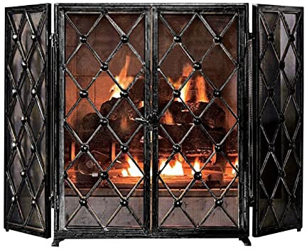 GaRcan Kaminschutzgitter für Holzbefeuerung, schwarz, rustikales, zusammenklappbares Eisengeflecht mit Tür, dreifach gefalteter Feuerstellenschutz für den Innen- und Außenbereic