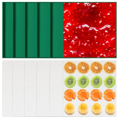 Baderke 6 Pcs Silicone Dehydrator Mats with Edge and 6 Pcs Mesh Dehydrator Sheets 14 x 14 Food Dehydrator Accessories Square Reusable Dehydrator Trays for Fruits Meat Vegetables Leather (Dark Green)