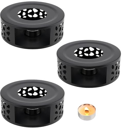 DAKFOOK 3 Pack 15cm Stainless Steel Teapot Warmer with Tealight Holder and Hollow Frame Design, Stainless Warmer Base Coffee Warmer Base for Tea Sets Coffee and Other Heatproof Dish, Black