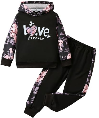 L SERVER Survêtement Fille Imprimés Ensembles Enfant Jogging à Capuche 2 Pièces Vêtements de Sport pour Printemps et Automne, Rose, 6-7 ans