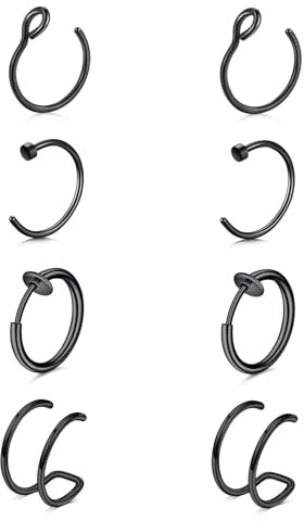 JFORYOU 4 Pairs Stainless Steel Fake Nose Ring Hoop No Pierced False Septum Lip Tragus Ohr Ringe Earrings Balck Piercing Jewelry