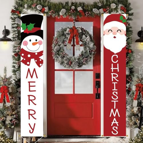 Décorations de Noël pour l'extérieur, panneau de porche, bannière de porte pour la maison, décoration de Noël intérieure et extérieure, mur, porte d'entrée (Bonhomme de neige Père Noël mignon)