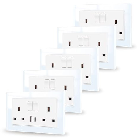 JIMEIDA White Double Switched Power Socket 5 Pack with USB A and Type C Charging Ports Crystal Glass Panel Wall Outlet 13 Amp Electric Socket