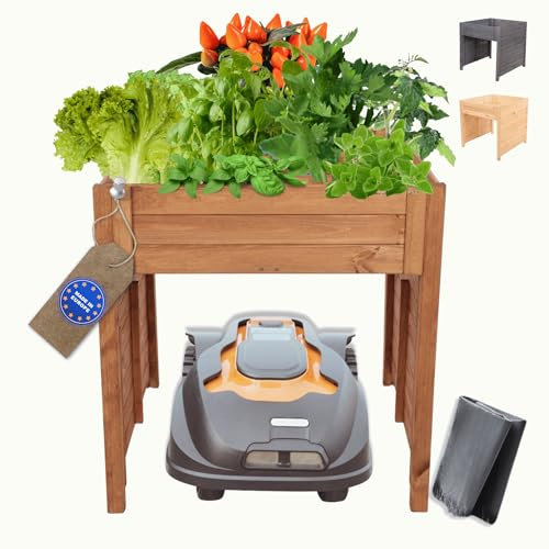 MODO24 Mährobotergarage, Rasenmäher Garage, Mähroboter Garage aus robustem Holz, Pflanzkasten mit Schutzfolie, Wetterfest, Blumenregal, Blumenständer, FSC Holz, Abmessungen 76x79x74 cm, Farbe: Braun