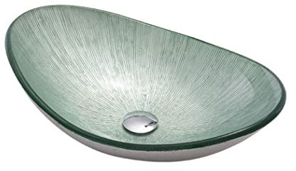 HKFJSH Bathroom Vessel Sink with Drain Combo, Countertop Bathroom Sink Bowl Tempered Glass 12MM Thick Vanity Sink Bowl On the Top Oval Line Stripes Vessel Bowl Sink, Without Faucet,Gold (Blue)