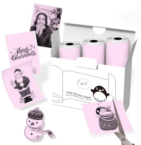 T02/Q02E/M02/M02L Rosa Selbstklebendes Thermopapier - 50mm x 3500mm Aufkleberpapier für Fotos, Lernen, Notizen, Tagebücher, DIY, Memos, Öl-und Wasserfest, 10 Jahre Haltbar, 3 Rollen