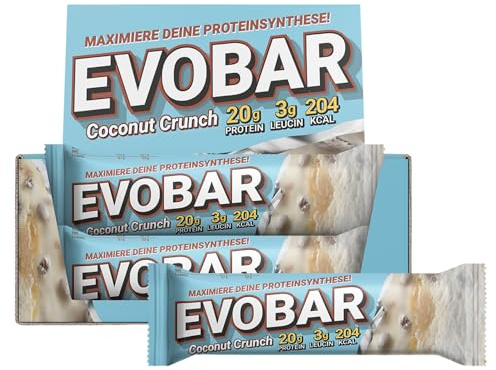 EVO SPORTS FUEL EVOBAR Coconut Crunch Protein Riegel | 12 x 60g | ZERO palmöl Eiweißriegel mit 20g protein pro Bar | geprüfte Qualität | Made in Germany (1er Pack)