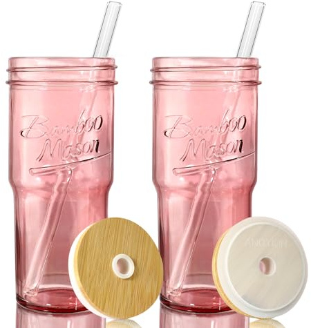 ANOTION Glass Cups with Lids and Straws, 24oz/682ml Pink Glass Tumbler Travel Coffee Mug Bamboo Mason Jar Iced Cup Smoothie Tea Clear Cute Water Drinking Jars Glasses