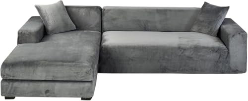 Stretch Sofabezug, Samt Ecksofa-Hussen 2-teilig, waschbare L-Form Sofabezüge mit Chaiselongue an der Seite, weiche Möbelschoner(Dark Gray,4+3 Seater)