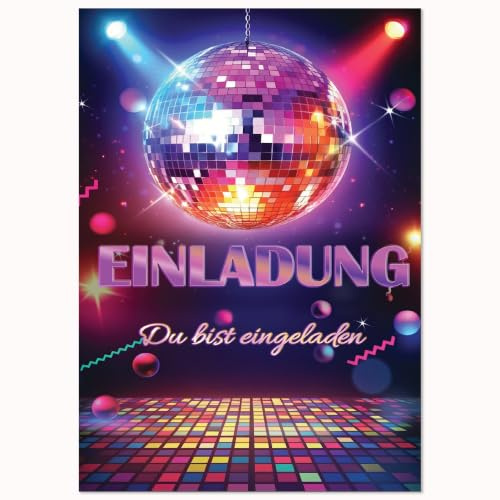 Edition Colibri Einladungskarten Kindergeburtstag Disco A6, 10 Stück Design im Stil der 80er und 90er Jahre, Einladung zum Geburtstag für Jungen und Mädchen, hochwertiges Karten-Set