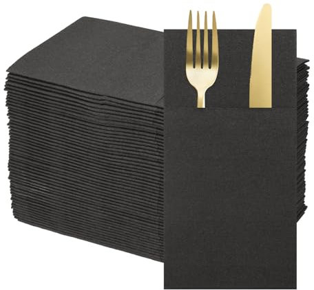 sourcing map 100 Pcs Disposable Linen Feel Napkins with Built-in Flatware Pockets, Paper Dinner Napkins for Knife and Forks, Hand Towels for Wedding Party Black