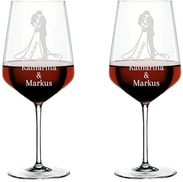 EKM Living Weinglas 2er Set mit Gravur zur Hochzeit personalisiert mit Namen und Datum/individuelles Geschenk für Brautpaar, zur Verlobung/Jahrestag/Weingläser Spiegelau & Nachtmann Style