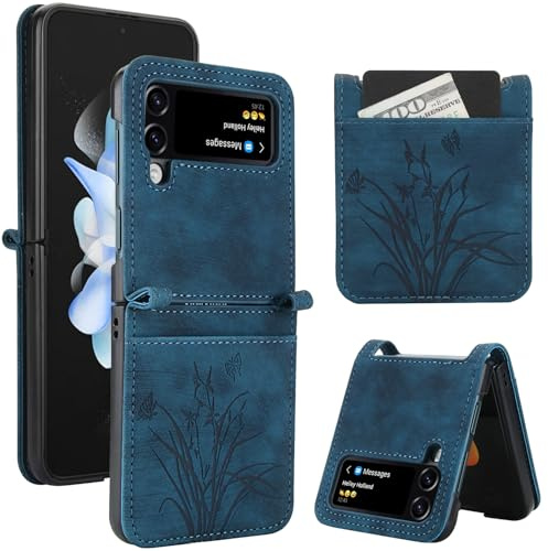 Asuwish Phone Case for Samsung Galaxy Z Flip 3 5G 2021 Wallet Cover with Credit Card Holder Flip Leather Flower Stand Slot Heavy Duty Shockproof Slim Cell Accessories ZFlip3 Z3 Flip3 3Z Women Blue