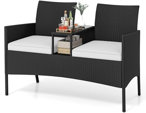 COSTWAY Panchina da Giardino in Rattan PE 62 x 124 x 84 cm, Divano da Esterno con Tavolino in Vetro Temperato e Cuscini Imbottiti, Poltrona con 2 Posti per Balcone, Piscina e Cortile (Bianco)