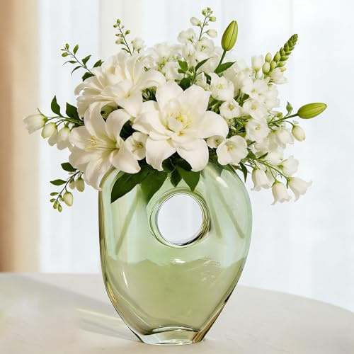DN DECONATION Grüne transparente ovale Glasvase mit kreisförmiger Öffnung | große dekorative Tischblumenvase aus Glas für Blumen und Blumensträuße, Deko für Wohnzimmer, Esstisch, Büro, Hochzeit