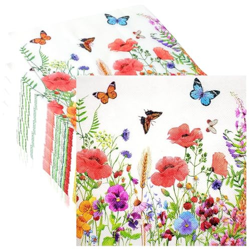 Kleemeiero 100 Stück Papierservietten mit Blumen Servietten Blumen Schmetterling 33 x 33cm Bunt Partyservietten Napkins Papier Servietten Hochzeit Geburtstag Frühling Ostern Tischdekoration Sommer