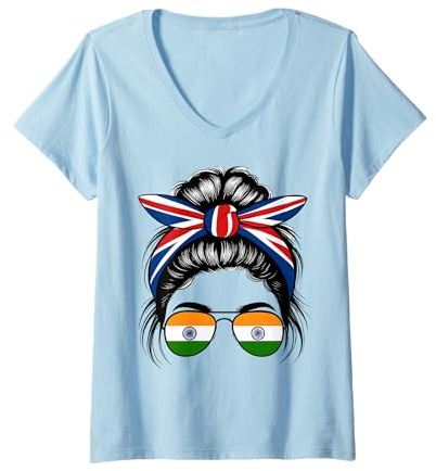 Womens British Indian Girl UK Headband India Flag Sunglasses V-Neck T-Shirt