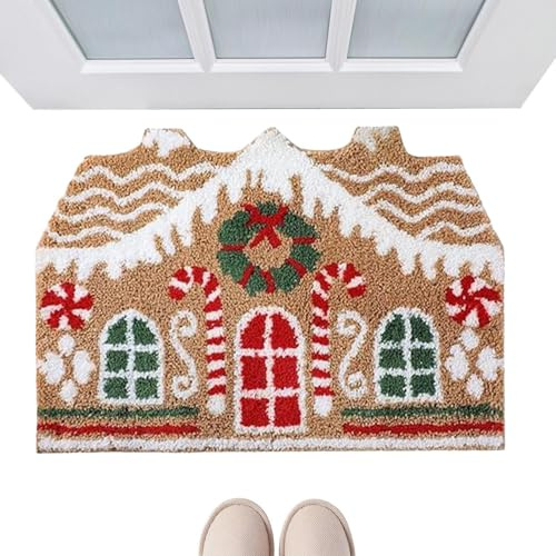 Generisch Lebkuchenhaus Fußmatte, Fußmatte Weihnachten Für Innen Und Im Freien, Weihnachts Lebkuchenhaus Teppich, rutschfeste Badematte, Für Küche, Bad, Eingangsbereich(C)