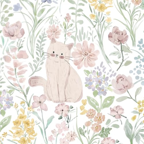 Yomshi Klebefolie Möbel Rosa Katze und Blumen Möbelfolie 44 x 300 cm Schöne Retro Tapete Vinylfolie für Möbel Schlafzimmer Wohnzimmer Flur Verdickte Wasserfeste Selbstklebende