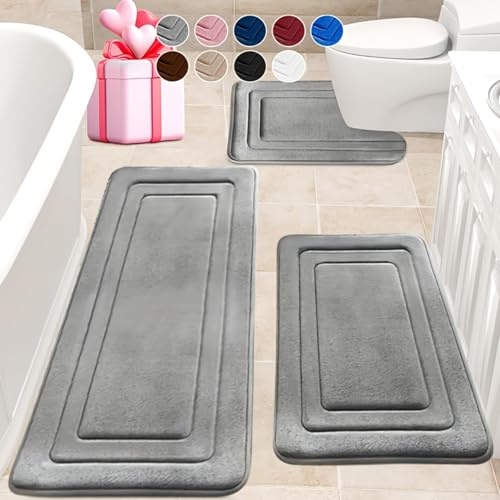 Jyswx Juego de 3 alfombras de baño de espuma viscoelástica, antideslizante y absorbente, lavable, suave y de secado rápido, alfombrilla de baño para ducha, inodoro y bañera, gris