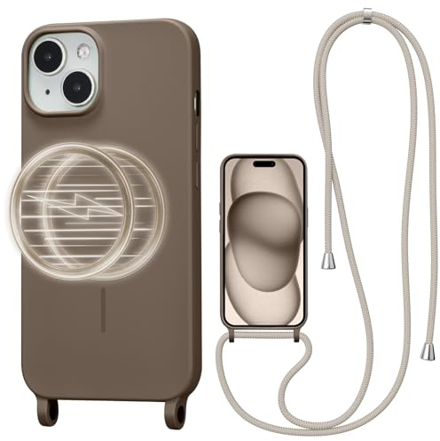 UCASONG Magnetic Case for iPhone 14 Plus/15 Plus with Lanyard, Brown | Compatible with MagSafe, Crossbody Liquid Silicone Case, Soft Shockproof Protective Cover, with Adjustable Neck Cord Strap