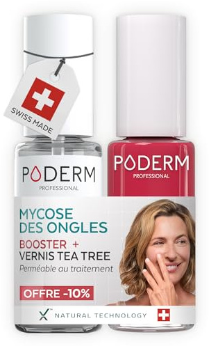 PODERM Mycose Ongles Booster + Vernis à Ongles Rouge Rose | Accélère la guérison des mycoses | Renforce, Répare et camoufle les ongles jaunes et abîmés | Créé par un podologue – Swiss Made