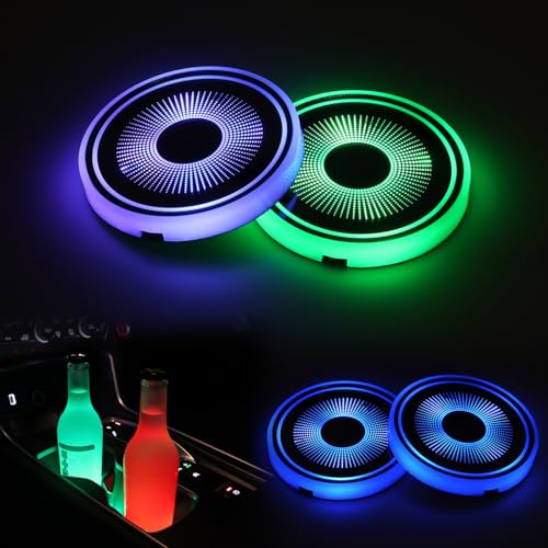 GSOWO 2 PCS LED Luminescent Car Cup Holder Lights, [7 Colors & 4 Modes] USB-Powered Vibration-Sensing Car Coaster Light, for Interior Decoration, Atmosphere Light (Vortex Pattern)