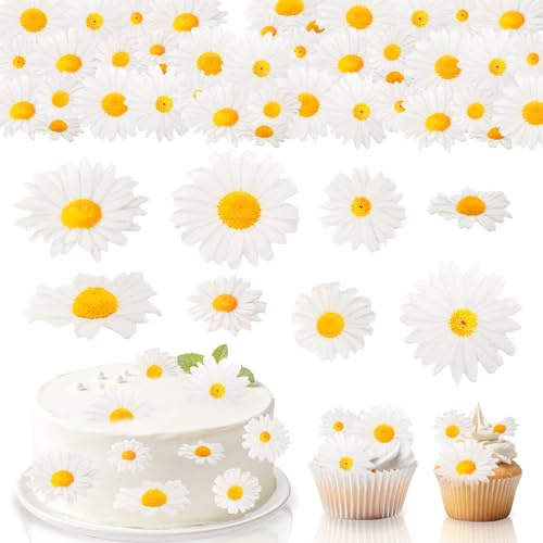 GoldRock 64 Stk Gänseblümchen Tortendeko Essbar Weiß,Essbare Blumen für Torte,Essbare Blüten Tortendeko,Daisy Esspapier Cupcake Topper Deko,Gänseblümchen Muffin Deko für Hochzeit, Geburtstag,Babyparty