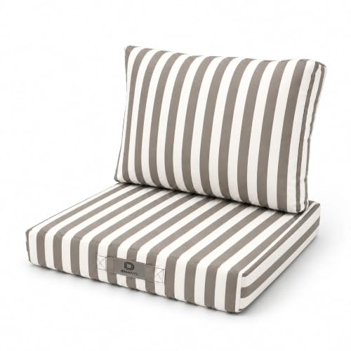 deco arts Sitzkissen Outdoor mit abnehmbarem Bezug – 2er Set XL für Gartenmöbel und Loungesessel – Sitz 70x60x8 cm + Rücken 70x35x15 cm – Beige Gestreift
