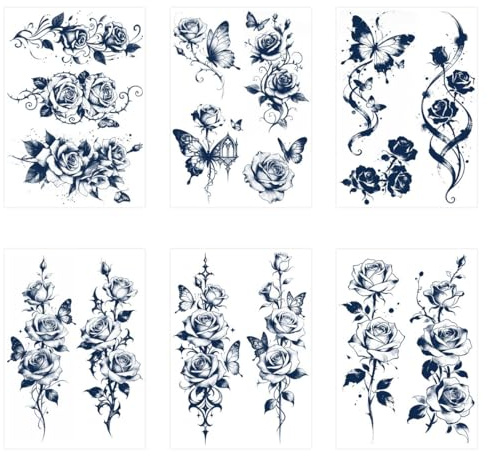 6Blatt Rosen-Tattoo-Aufkleber Mit Dornen Und Schmetterlingen Für Knöchel Und Arme, Sexy Partner-Design, Langanhaltend Und Wasserfest