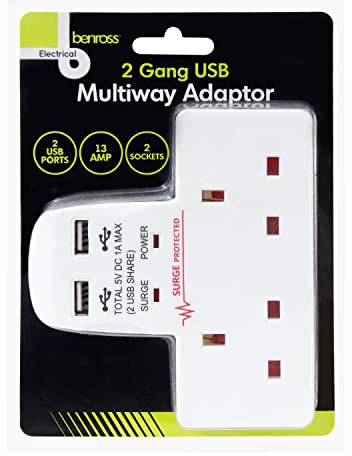 Benross 45600 Standard 2 Way Wall Adaptor Socket/Includes 2 USB Slots/Surge Protected / 1 Amp USB Charging Current/Compact & Lightweight Design/UK Plug Sockets