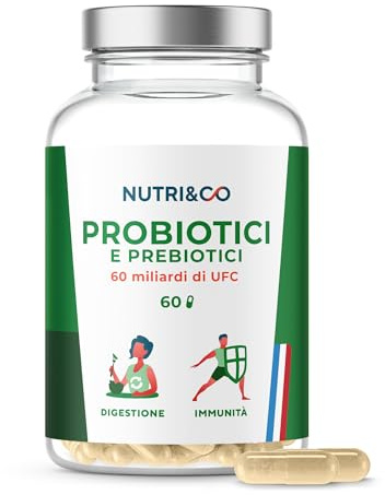 NUTRI & CO Probiotici Prebiotici - 60 Miliardi di UFC - 9 Ceppi Batterici Bioattivi - Fermenti Lattici per la Flora Intestinale - 60 Capsule Gastroresistenti Vegan - Integratore Alimentare Probiotico