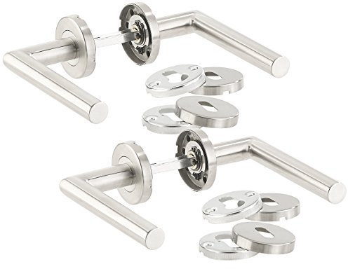 AGT Türklinke modern: 2er-Set Moderne Edelstahl-Türbeschläge, 4 Türklinken und 12 Rosetten (Ersatz-Türgriff-Garnitur, Tür-Drücker, Türschloss)