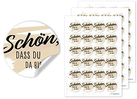 Schön dass du da bist Aufkleber Vintage schwarz beige- 72 Stück Hochzeitsaufkleber rund Ø 4cm Sticker für Gastgeschenke Deko