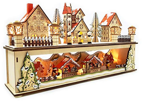 Wichtelstube-Kollektion LED Holz Lichtersockel mit Timer Schwibbogen Winterstadt im Erzgebirge Podest Original