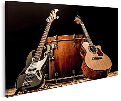 islandburner Bild auf Leinwand Musikinstrumente Bass Drum Barrel Akustische Gitarre Bassgitarre Schwarzer Hinte Bilder Wandbilder Poster