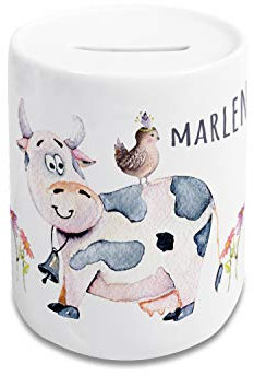 GRAZDesign Spardose Kinder mit Name Mädchen, Sparschwein als Geschenk personalisiert Taufe, Geburtstag Motiv Lustige Kuh, Keramik