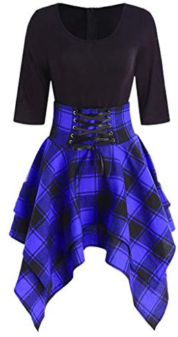 Stormdoing Fashion Women Casual Dress O-Neck Top Lace Up Tartan Plaid Print Asymmetrisches Minikleid Gr. Small, blau