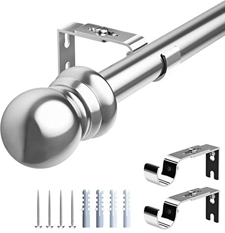 HARRMS Gardinenstange Ausziehbar, 76-221cm, Gardienenstangenset Silber 1 läufig, Verstellbare Vorhangstange Metall Edelstahl mit rundem Endstück für Schlafzimmer, Wohnzimmer, Kinderzimmer