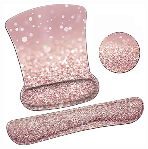 Ergonomic Mouse Pad Wrist Support Gel and Keyboard Wrist Rest Set Pink Glitter Design for Laptop, Mac, Gaming and Office, Durable, Comfortable and Pain Relief + Coaster