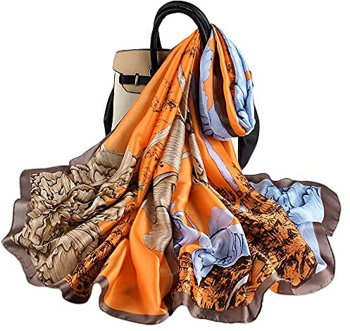 Silk scarf Women Shawl Yellow Scarf Stain Neckerchief Head Wrap Thin Scarf Ladies Beach Shawl Vintage Bridal Chiffon Scarf Muslim Colorful Cloth Christmas Decorations Scarf Belt (Orange)
