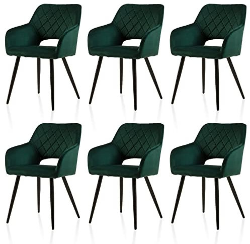 TUKAILAI Esszimmerstühle 6er Set aus Samt, Küchenstuhl Polsterstuhl mit Offener Rückenlehne,Armlehnen,Gepolstertem Sitz, Metallbeinen, Stühle für Wohnzimmer,Esszimmer,Küche, Grün