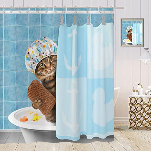 ASDCXZ Rideau de Douche Funny 180x240 cm, Bleu Funny Cat Baignoire Douches Enfant Rideaux de Douche Tissu Lavable Textile Rideau Douche imperméable pour Baignoire avec 12 Crochets