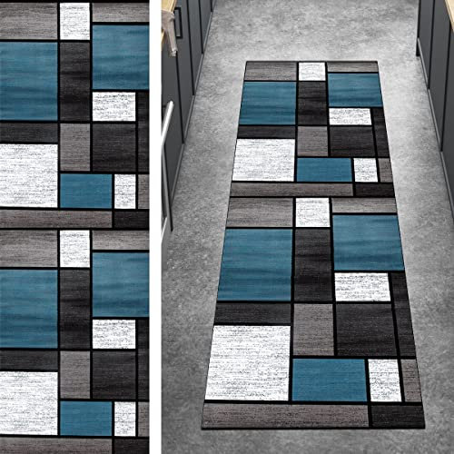 Ymural Teppich Läufer Flur Lang Teppichmatten Patchwork 60x200CM Grau Blue Kücheläufer rutschfest Meterware Teppichläufer Waschbar Kurzflor Polyester Korridor, Breite 40-120cm