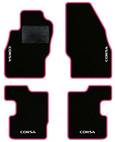 QUEMAR Auto-Fußmatten kompatibel mit Opel Corsa D - E 2006-2019 / Set Fußmatten aus Teppich und Gummi nach Maß (Set 2 vorne + 2 hinten) / Stickerei und personalisierte Farben (4 Stickereien, rosa Rand