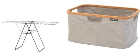 Brabantia Séchoir HangOn, 25m - Matt Black 403460 & Panier à Linge Pliable - Bord en Bambou - Multi-Fonctionnelle Stockage - Se Plie à Plat - Revêtement Résistan